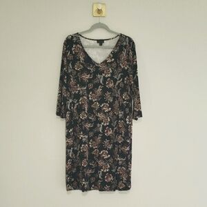 J. Jill Wearever Sheath Dress Large Black Print Knit V-Neck Pleats Casual Office